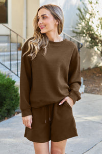 Double Take Full Size Texture Long Sleeve Top and Drawstring Shorts Set Trandify Deal