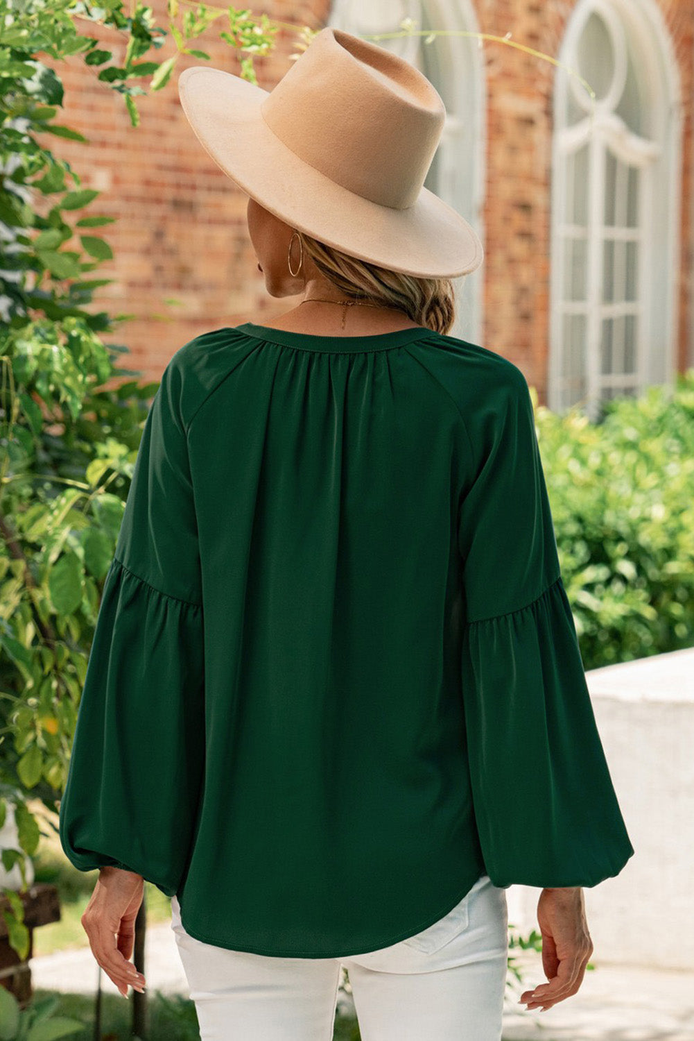 Ruched Notched Balloon Sleeve Blouse Trandify deal