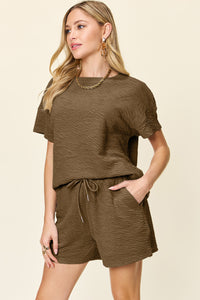 Double Take Full Size Texture Short Sleeve T-Shirt and Drawstring Shorts Set - Trandify Deal