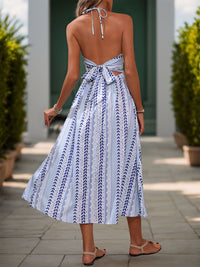 Tied Printed Halter Neck Sleeveless Midi Dress Trandify deal