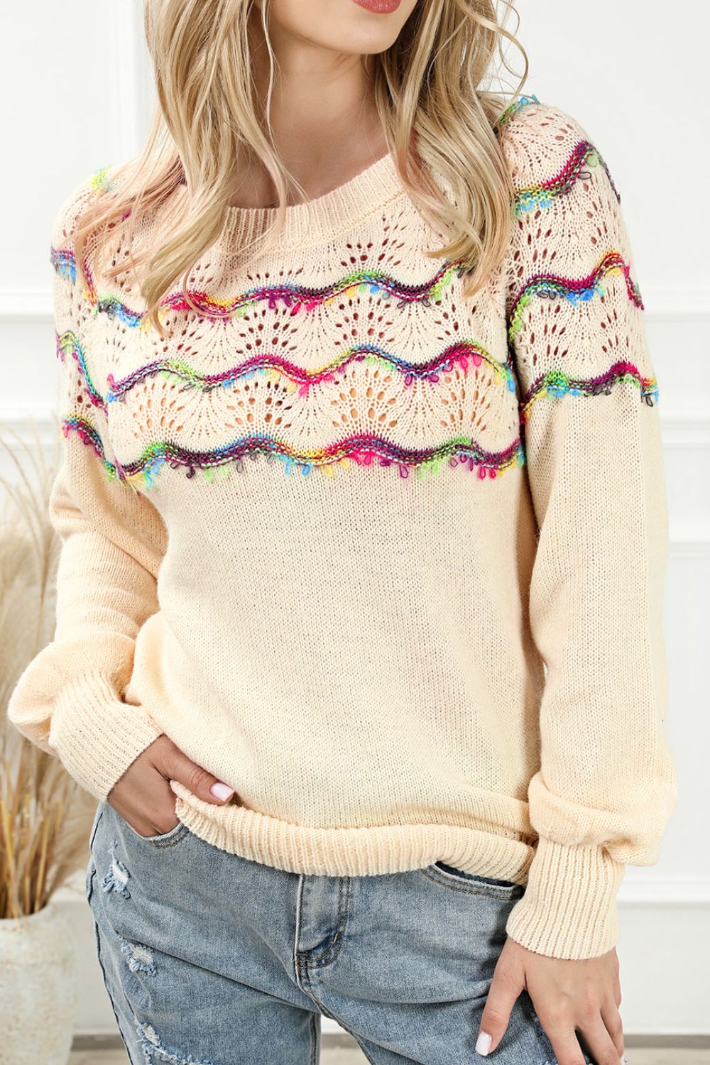 Boho striped openwork knit sweater for women, y2k crochet top