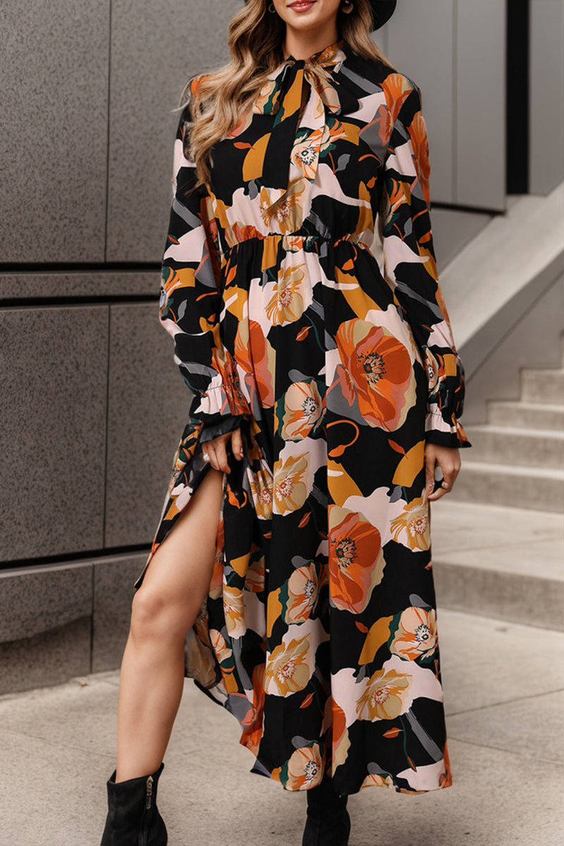 Printed Tie Neck Flounce Sleeve Dress Trandify deal