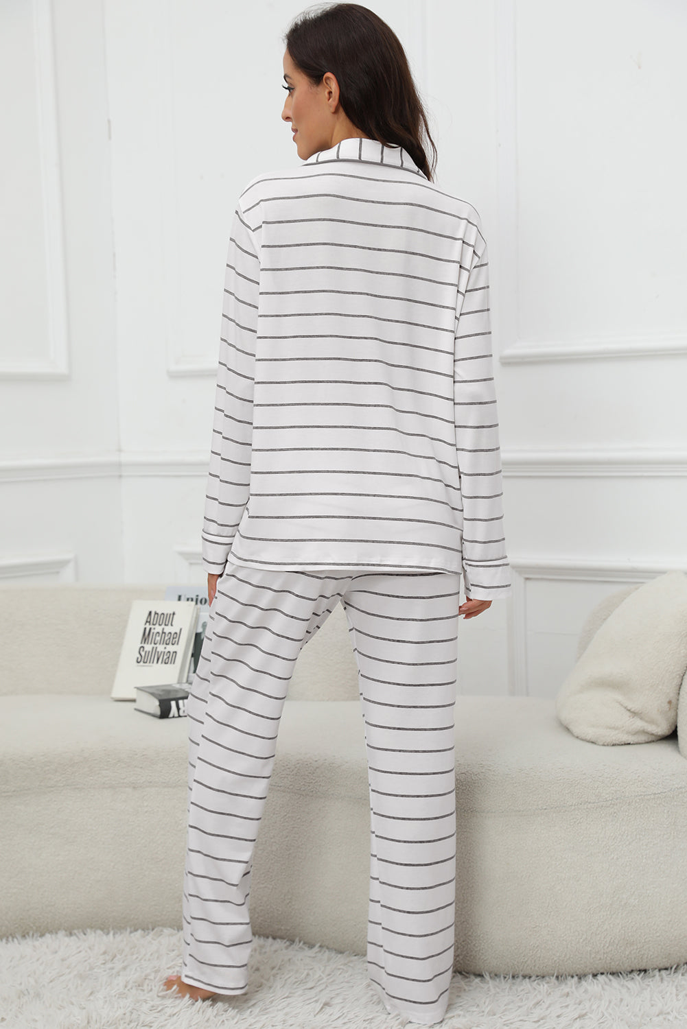 Striped V-Neck Long Sleeve Top and Pants Lounge Set Trandify Deal