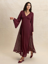 Lace Patchwork V-Neck Long Sleeve Midi Dress Trandify Deal