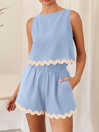 Contrast Trim Round Neck Top and Shorts Set Trandify deal