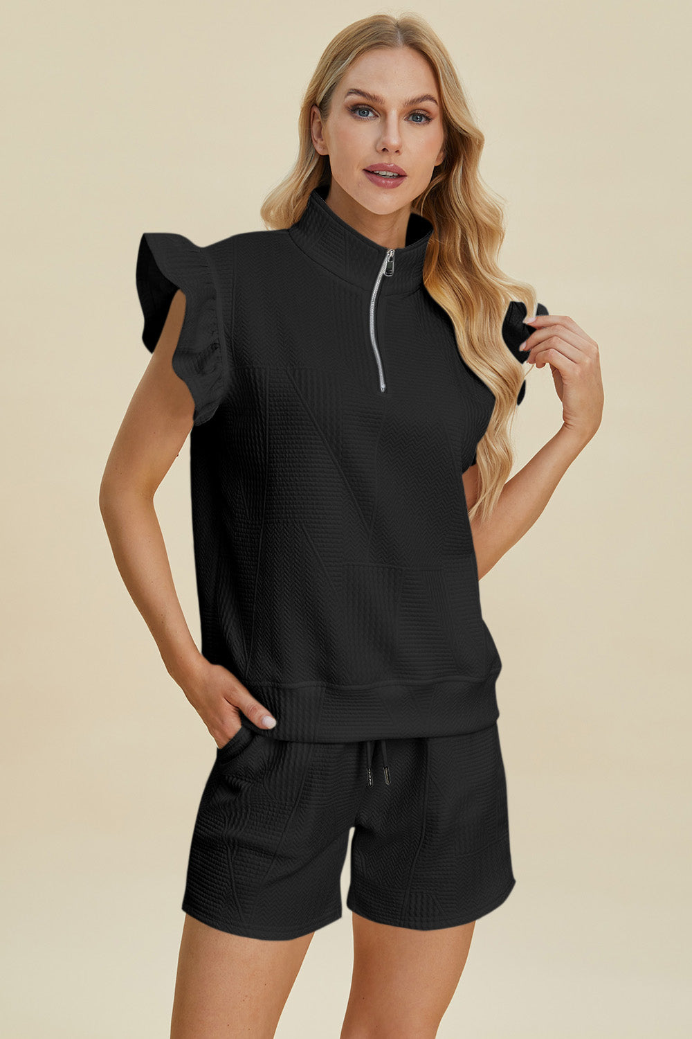 Double Take Texture Flounce Sleeve Top and Shorts Set - Trandify Deal
