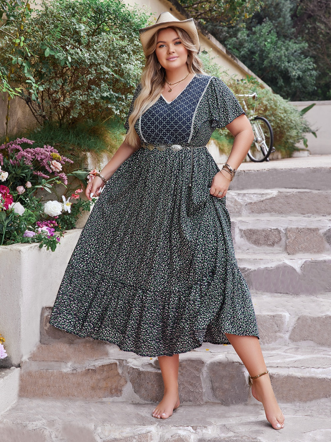 Plus Size Printed V-Neck Flutter Sleeve Midi Dress Trandify deal