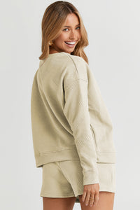Double Take Full Size Texture Long Sleeve Top and Drawstring Shorts Set Trandify Deal