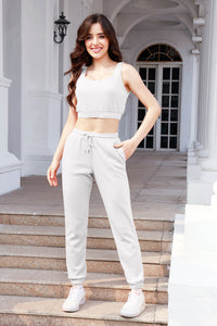 Waffle-Knit Cropped Tank and Drawstring Pants Set Trandify deal