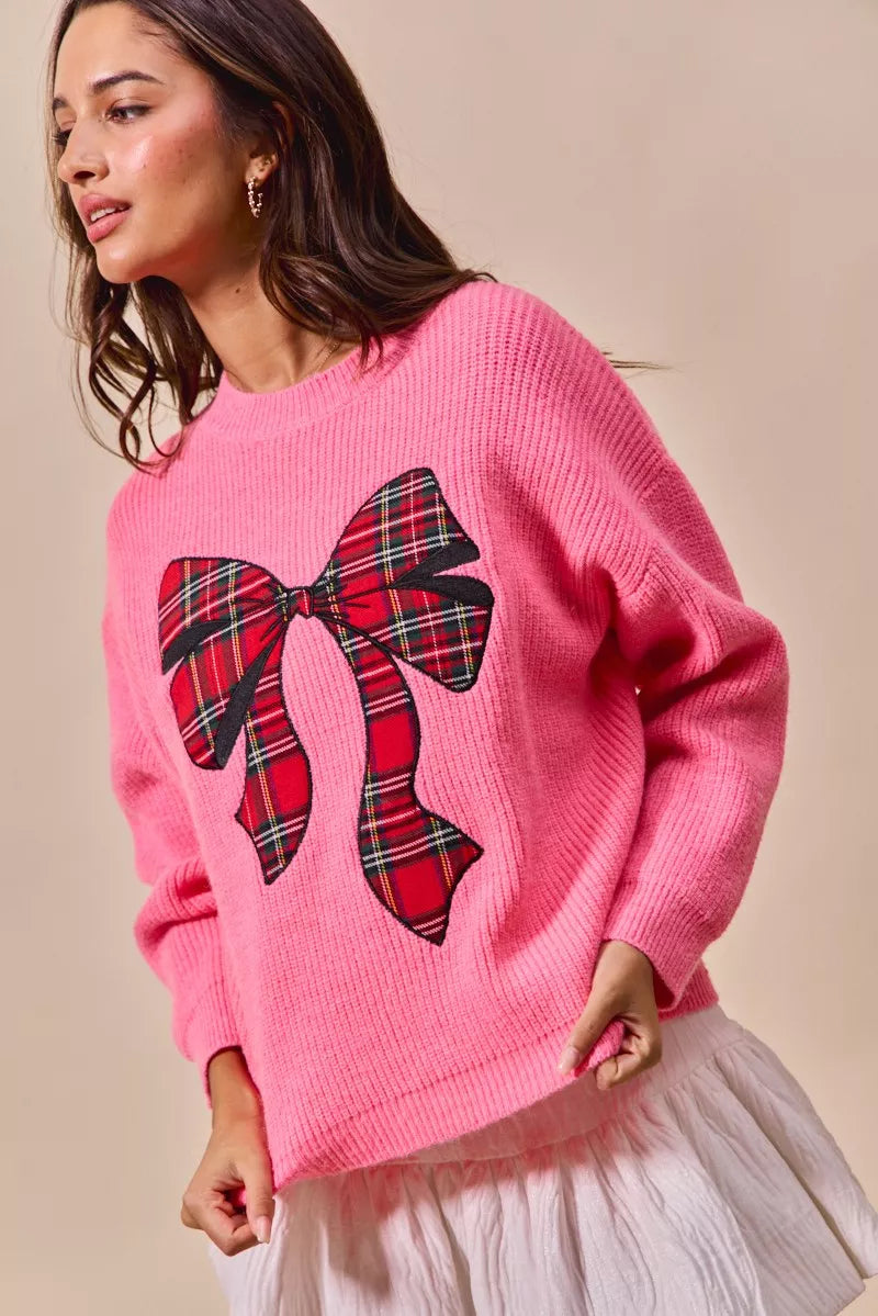 Women's Plaid Ribbon Christmas Sweater - Ugly Holiday