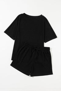 Round Neck Short Sleeve Top and Drawstring Shorts Set Trandify deal