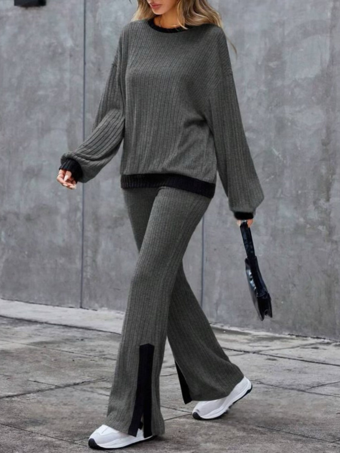 Contrast Round Neck Long Sleeve Top and Bootcut Pants Set Trandify Deal