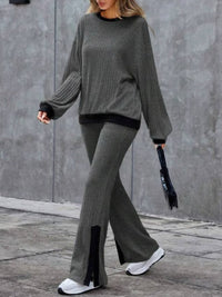 Contrast Round Neck Long Sleeve Top and Bootcut Pants Set Trandify Deal
