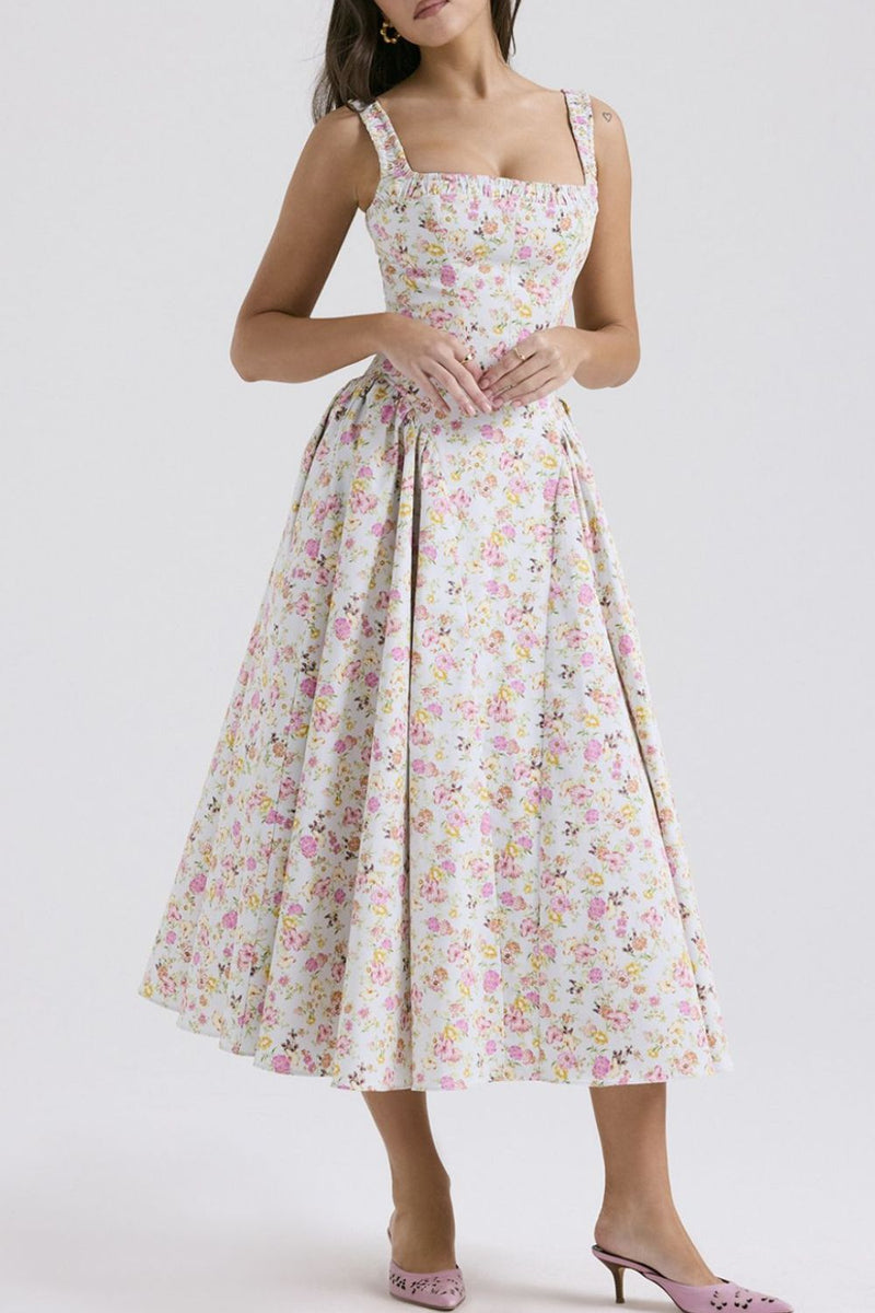 Blush pink floral square neck midi dress for women – Trendy summer boho dress – TrandifyDeal USA