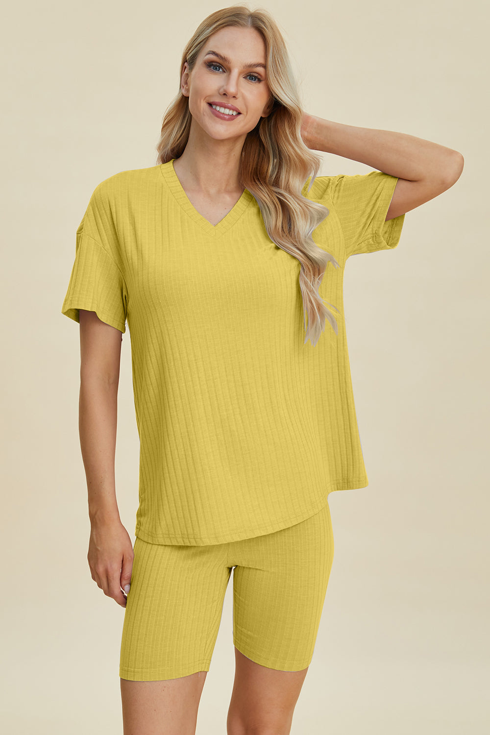 Basic Bae Full Size Ribbed V-Neck Short Sleeve Top and Shorts Set Trandify deal