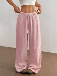 Women's plus size cotton drawstring wide leg pants in Pink, showing relaxed fit and tie waist.