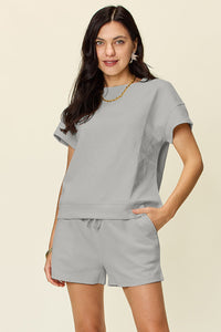 Double Take Full Size Texture Short Sleeve T-Shirt and Drawstring Shorts Set Trandify deal