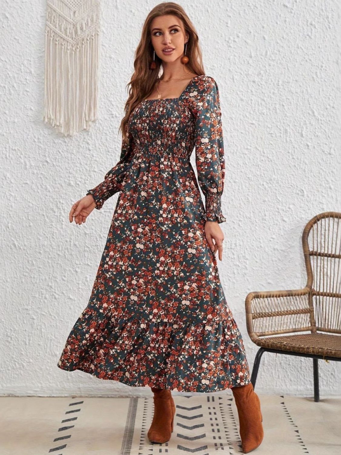 Smocked Floral Square Neck Long Sleeve Dress Trandify Deal