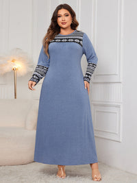 Plus Size Printed Round Neck Long Sleeve Dress Trandify Deal