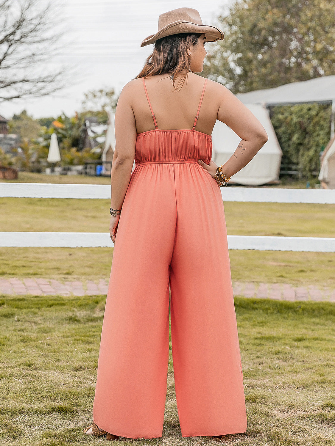 Plus Size Lace Detail Spaghetti Strap Wide Leg Jumpsuit Trandify deal