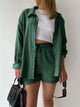 Trendy linen-blend two-piece set for women, stylish matching shirt and shorts