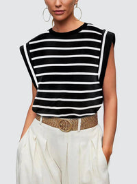 Striped Round Neck Cap Sleeve T-Shirt Trandify deal