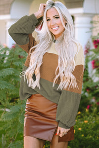 Waffle-Knit Color Block Round Neck Long Sleeve Blouse Trandify Deal