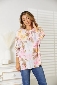 Double Take Floral Round Neck Three-Quarter Sleeve Top Trandify Deal