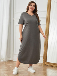 Plus Size Pocketed V-Neck Short Sleeve Lounge Dress Trandify deal