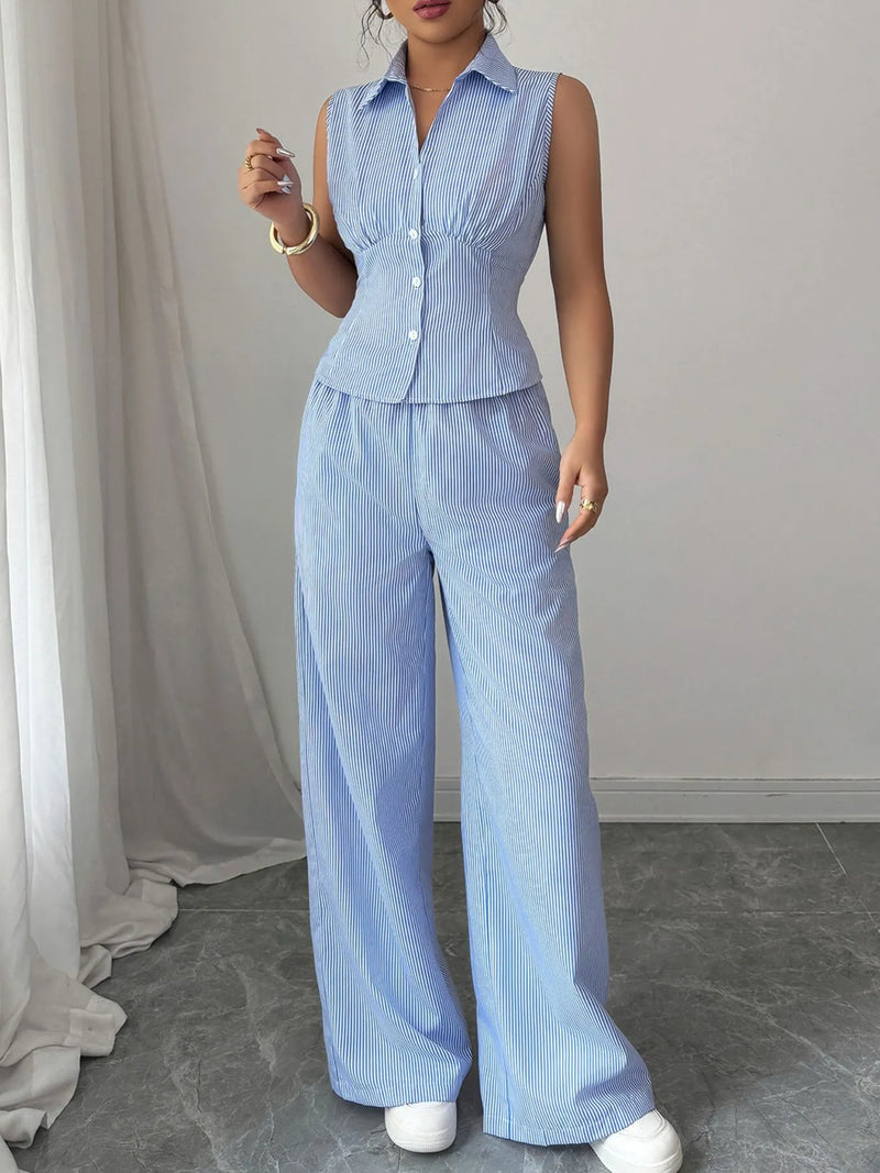 Women's Striped Sleeveless Top and High-Waisted Pants Set for Summer