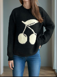 Cherry Round Neck Long Sleeve Sweater Trandify Deal