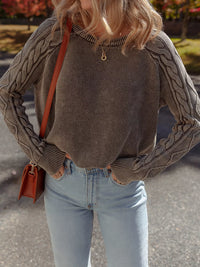 Women's beige cable knit cotton sweater casual crewneck pullover