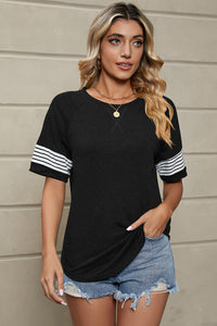 Striped Round Neck Short Sleeve T-Shirt Trandify deal