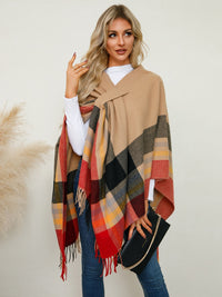 Fringe Contrast Plaid Poncho Trandify Deal
