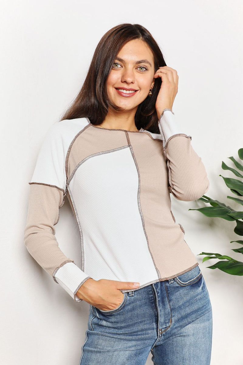 Double Take Color Block Exposed Seam Top Trandify Deal