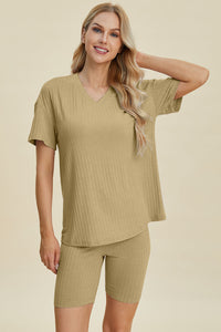 Basic Bae Full Size Ribbed V-Neck Short Sleeve Top and Shorts Set Trandify deal