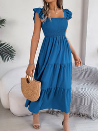Smocked Square Neck Cap Sleeve Midi Dress Trandify deal