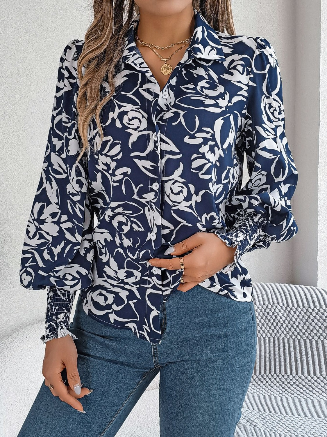 Printed Collared Neck Lantern Sleeve Shirt Trandify deal