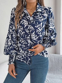 Printed Collared Neck Lantern Sleeve Shirt Trandify deal