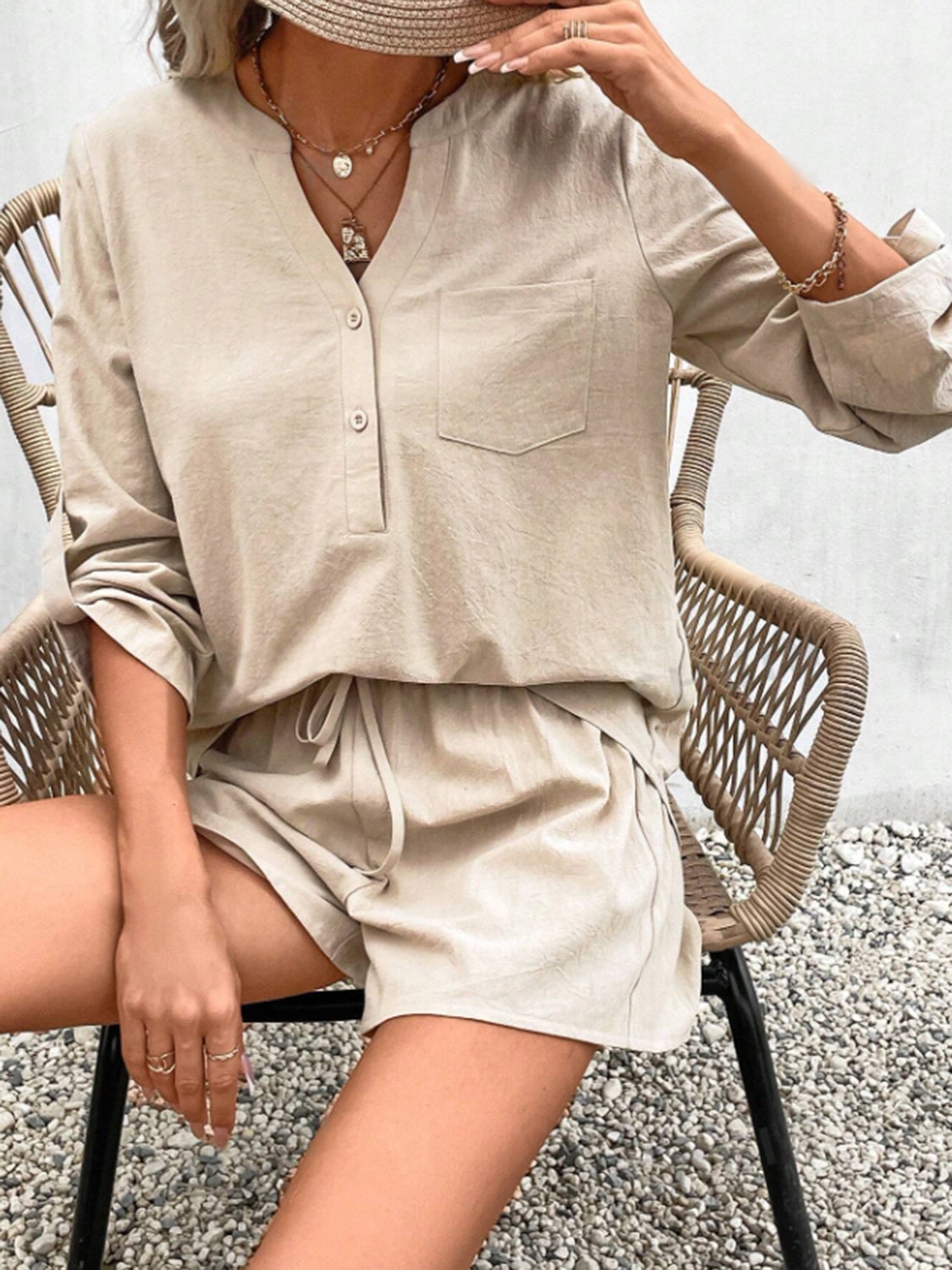 Notched Long Sleeve Top and Shorts Set Trandify deal