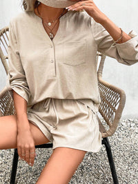 Notched Long Sleeve Top and Shorts Set Trandify deal