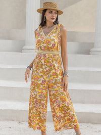 Printed V-Neck Tie Shoulder Jumpsuit Trandify deal