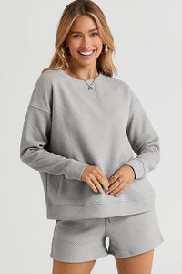 Double Take Full Size Texture Long Sleeve Top and Drawstring Shorts Set Trandify Deal