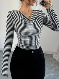 Fashionable Striped T-Shirt with Cowl Neck – Best Casual Women’s Top for Layering