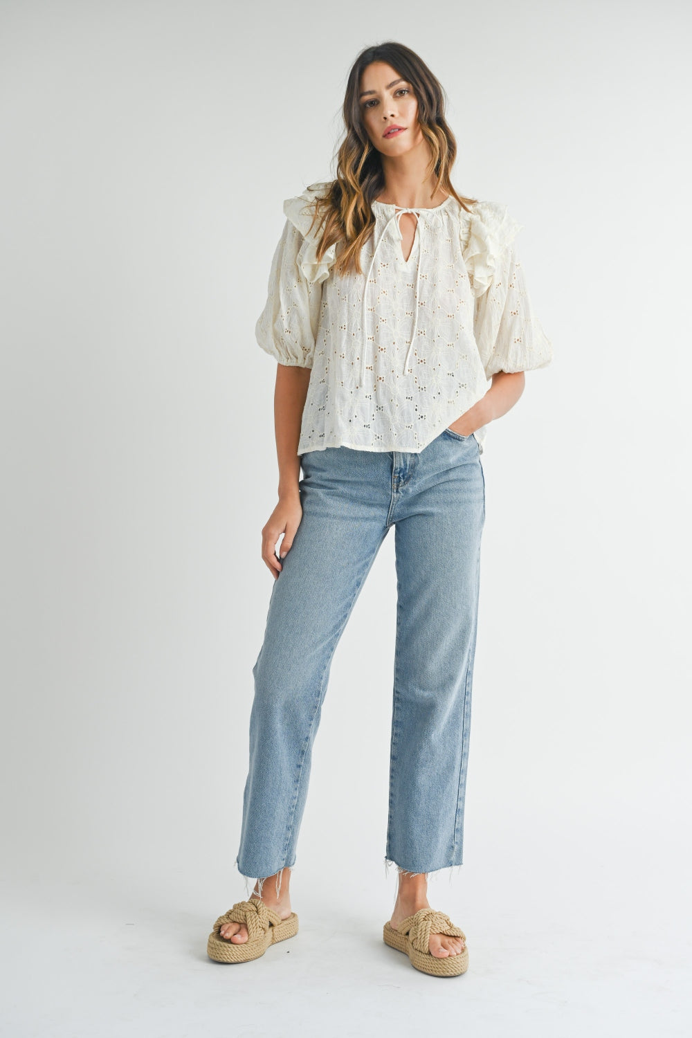 MABLE Eyelet Lace Ruffle Shoulder Puff Sleeve Blouse Trandify deal