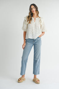 MABLE Eyelet Lace Ruffle Shoulder Puff Sleeve Blouse Trandify deal