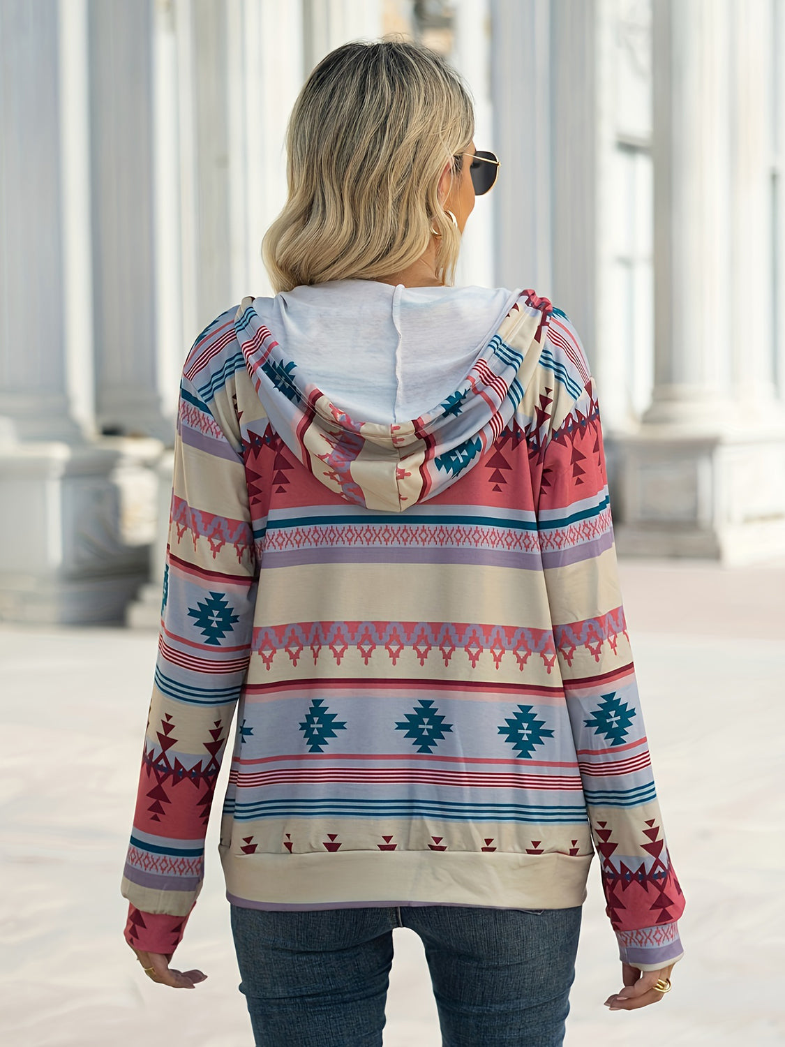 Geometric Zip Up Long Sleeve Hooded Jacket Trandify Deal