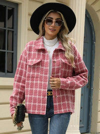 Plaid Collared Neck Long Sleeve Jacket Trandify Deal