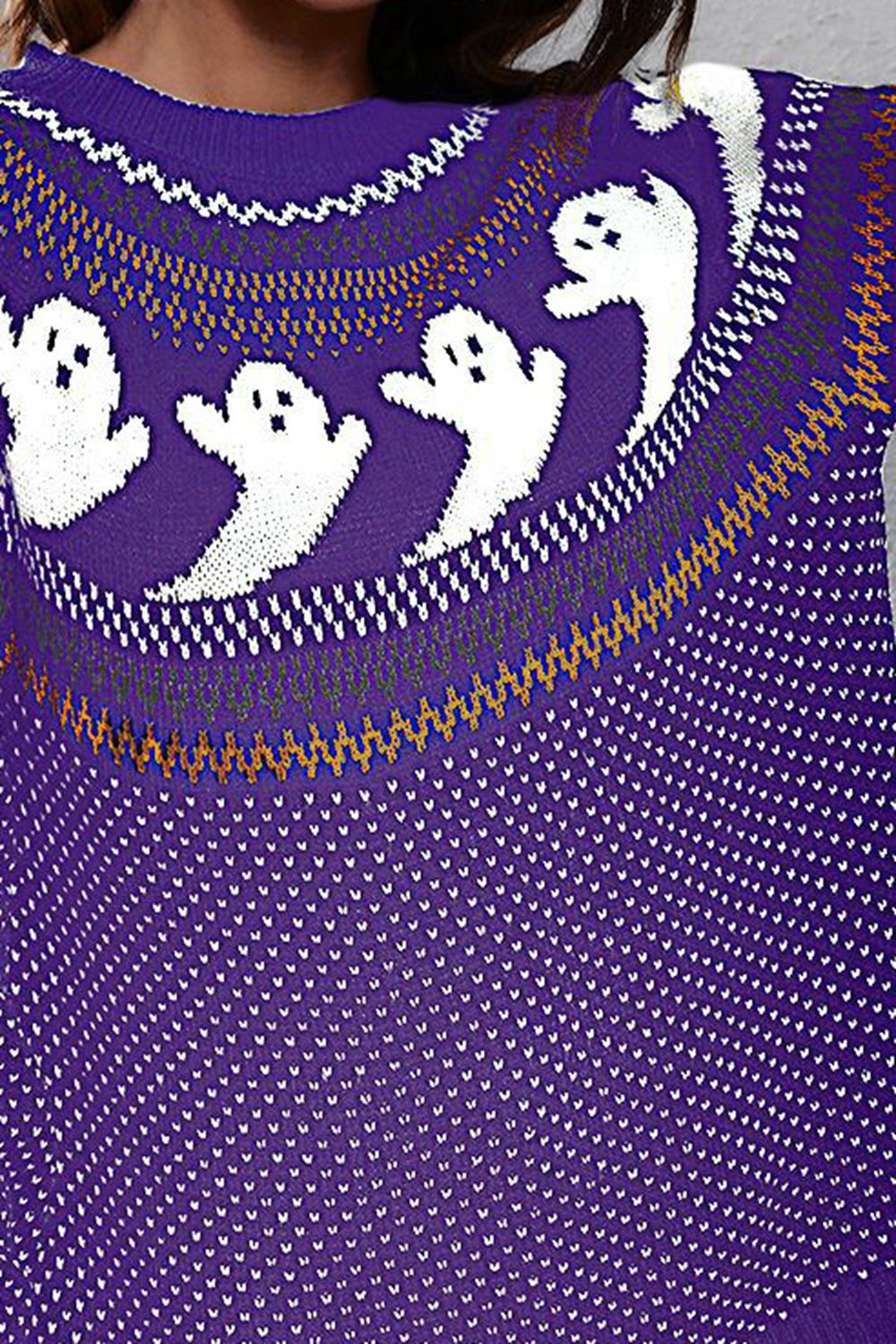 Ghost Pattern Round Neck Long Sleeve Sweater Trandify Deal
