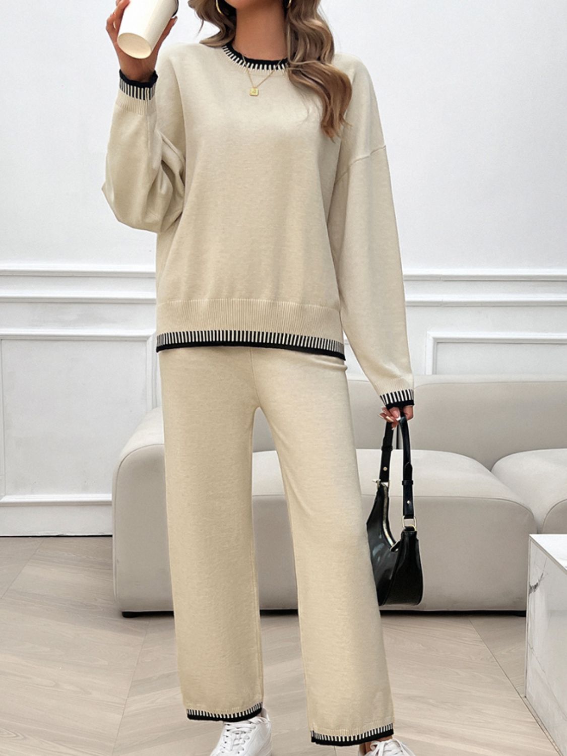 Devine Round Neck Dropped Shoulder Top and Pants Sweater Set Trandify Deal